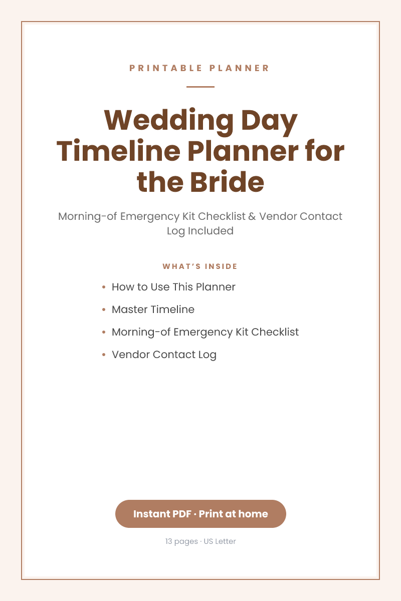 Wedding Day Timeline Planner for the Bride — printable