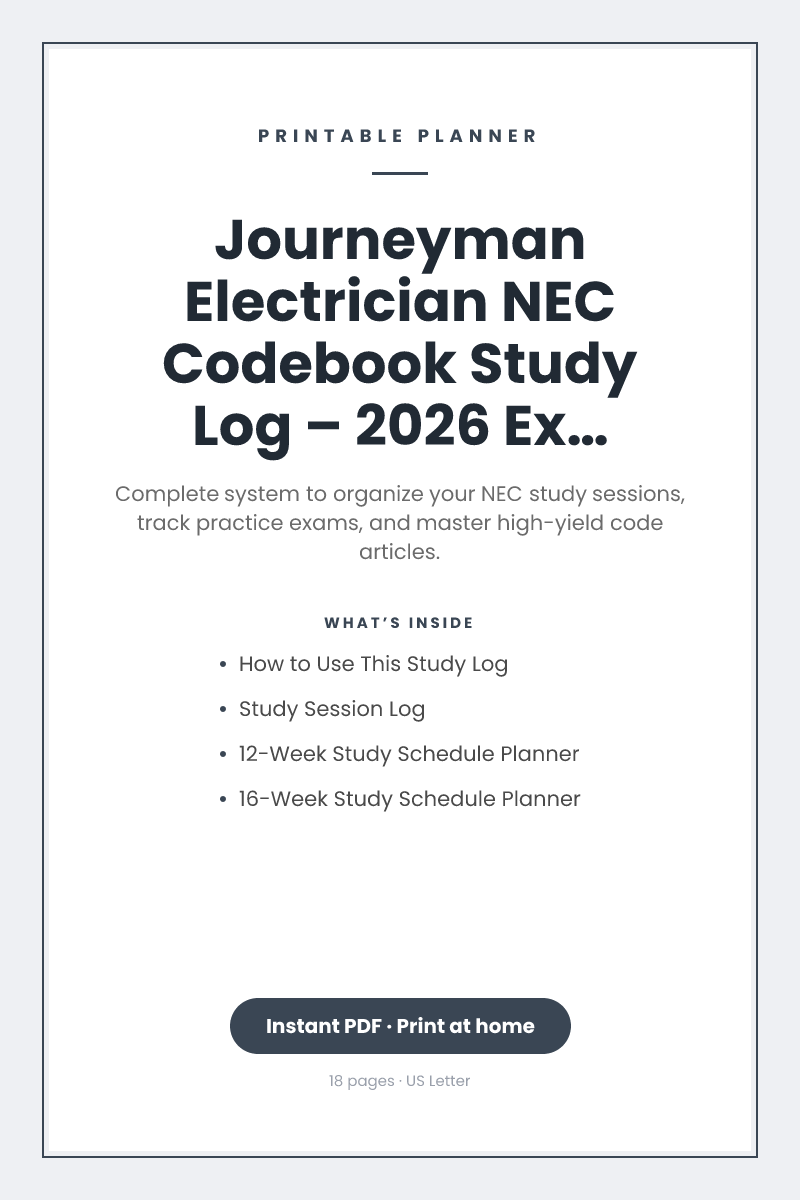 Journeyman Electrician NEC Codebook Study Log – 2026 Exam Prep Tracker — printable
