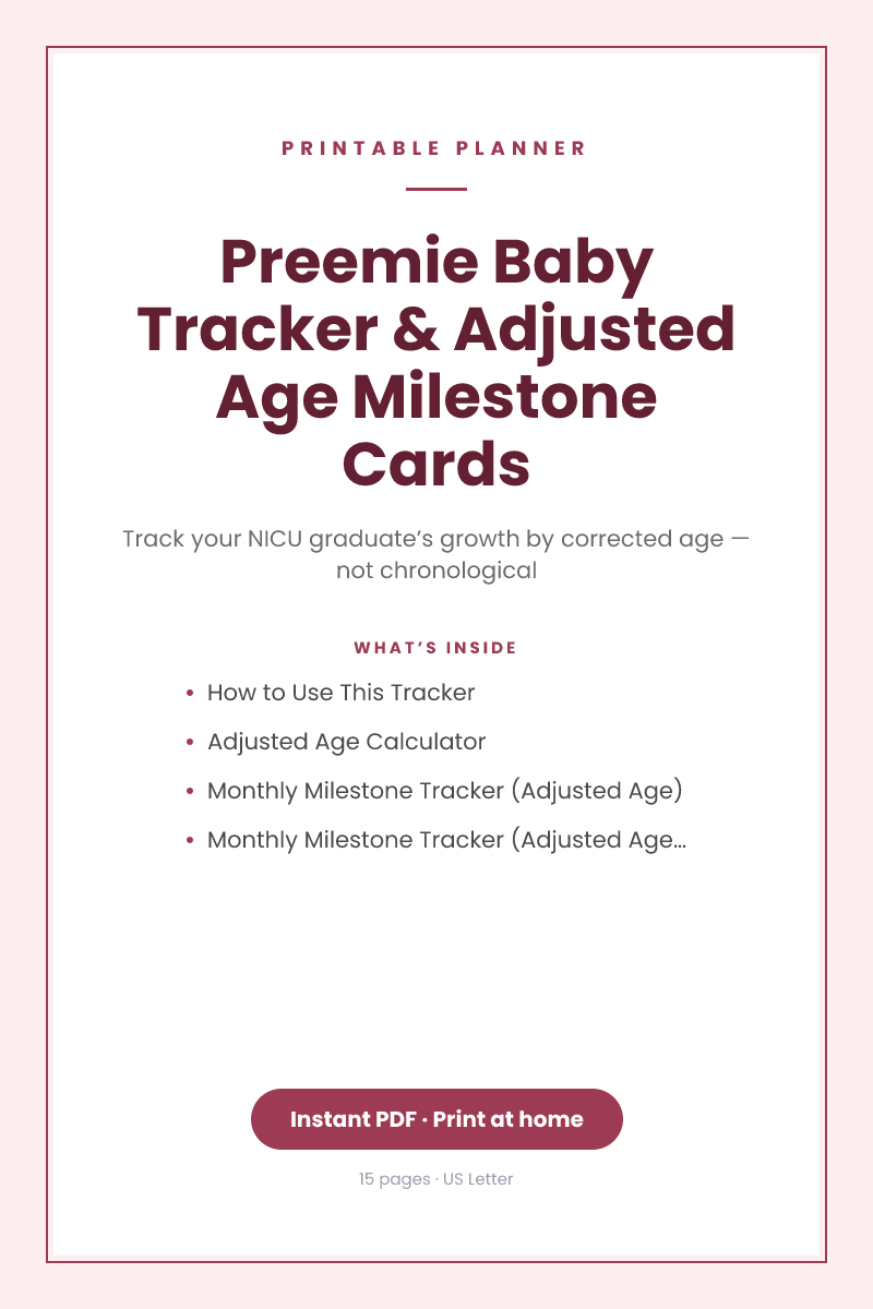Preemie Baby Tracker & Adjusted Age Milestone Cards — printable
